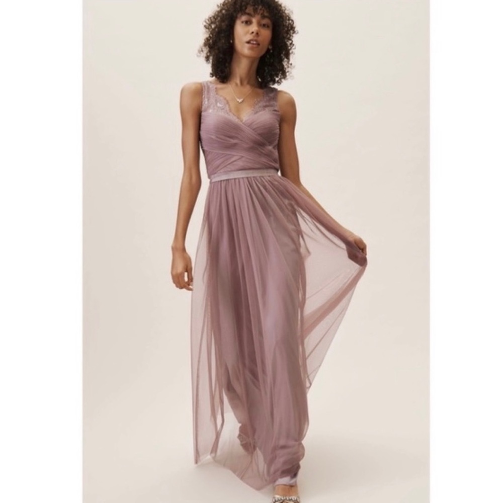 BHLDN Mauve Lace-Trim Tulle Maxi Dress